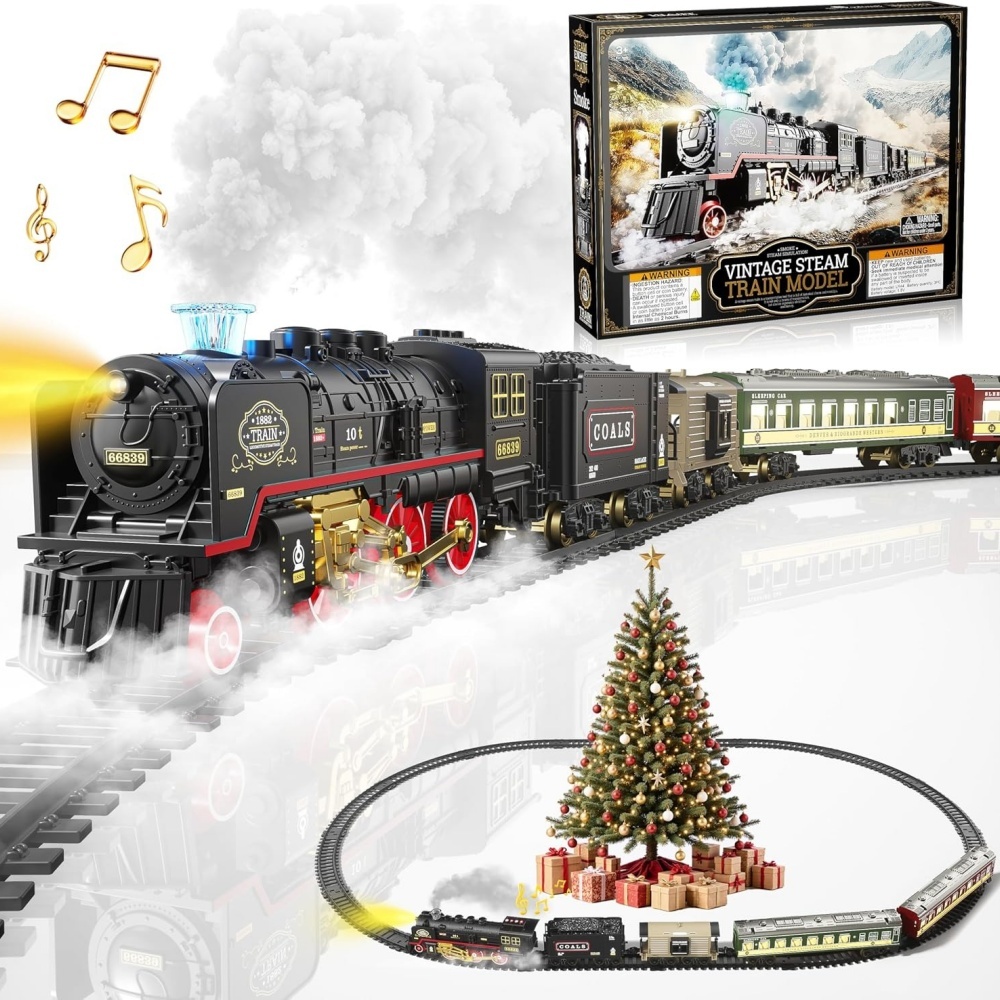 Model Kit Train - รถไฟของเล่นไฟฟ้าพร้อมไฟและเสียง ชุดรถไฟสำหรับวางใต้ต้นคริสต์มาส โมเดลรถไฟหัวรถจักรพร้อมราง ของขวัญวันเกิด